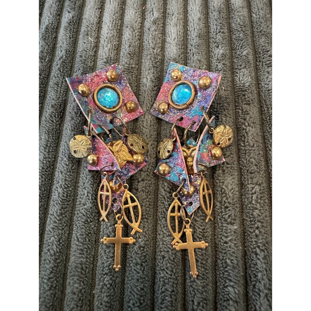 Vintage Artisan Statement Clip On Earrings Marked DyAne Cross Fish Charms Dangle